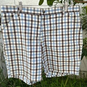 Vintage 70s Penn-Prest Check Shorts 38W Blue Brown Plaid Talon Zip